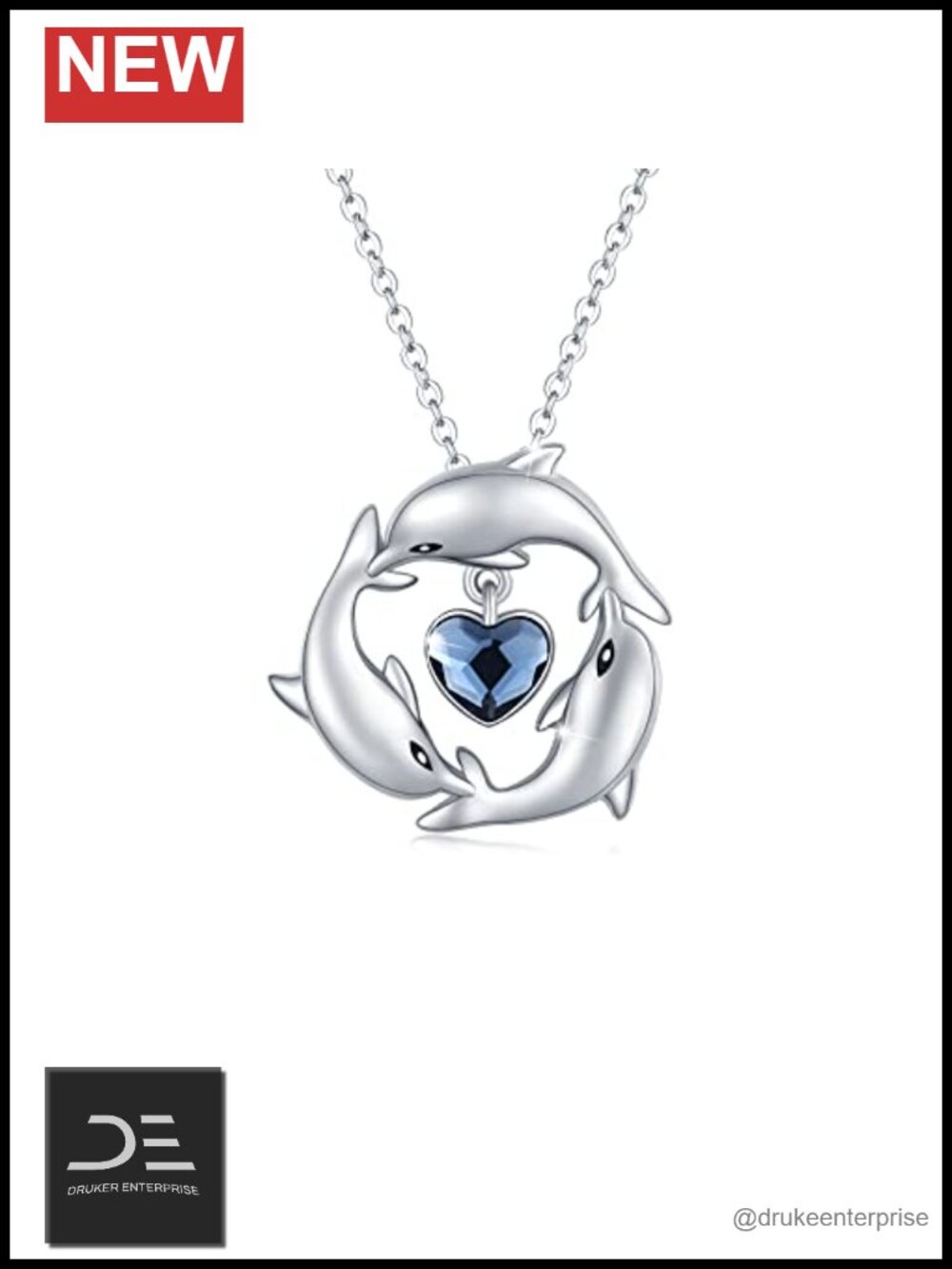 925 Sterling Silver Dolphin Necklace Blue Crystal Pendant 18 Inch Box Chain